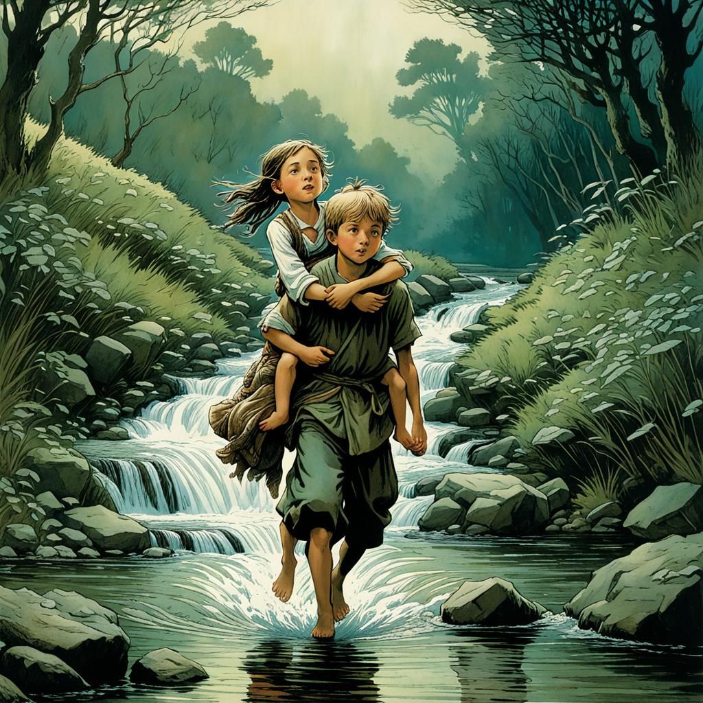 Brother and Sister in Stream, Illustrated Style