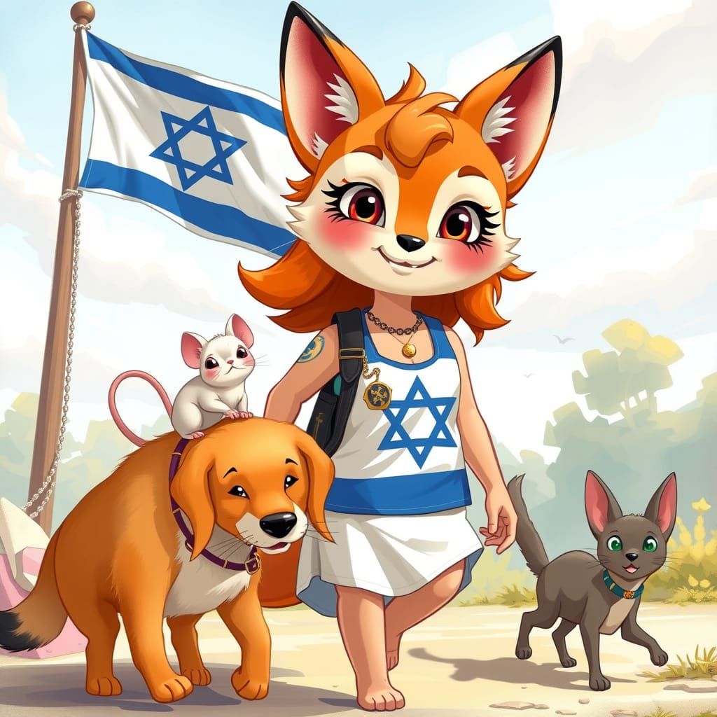 Vibrant Israeli Fox Girl Strolls with Pets Amidst Waving Fla...