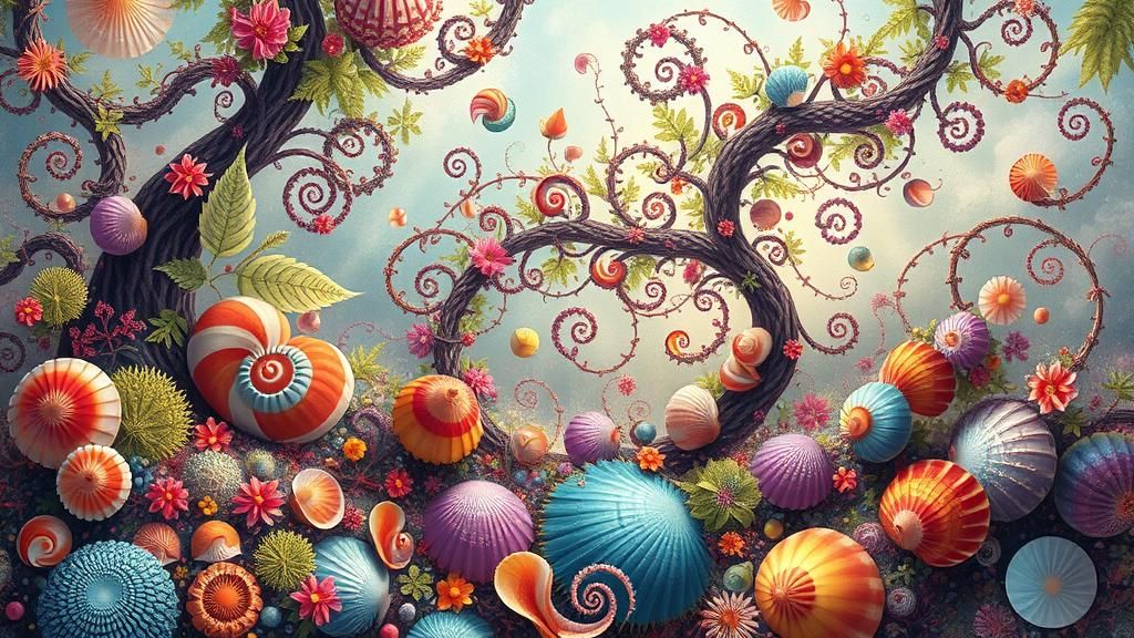 Ethereal Fractal Forest with Shells and Flowers
