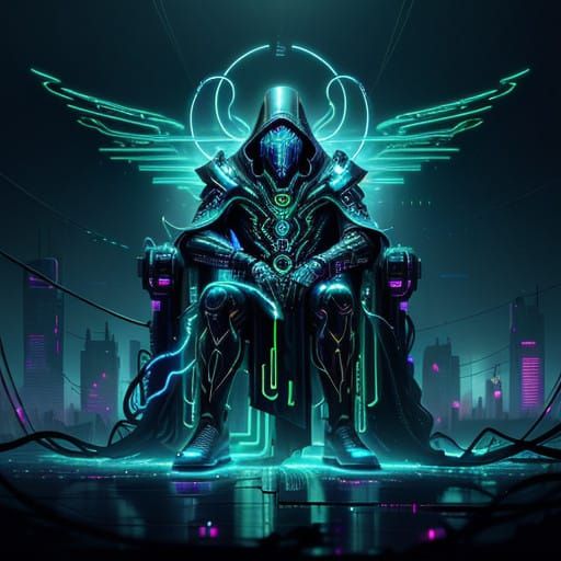 Cyberpunk God with Glowing Circuitry and Iridescent Halo