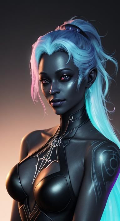 Cyberpunk Drow Priestess Portrait with Neon Fractals