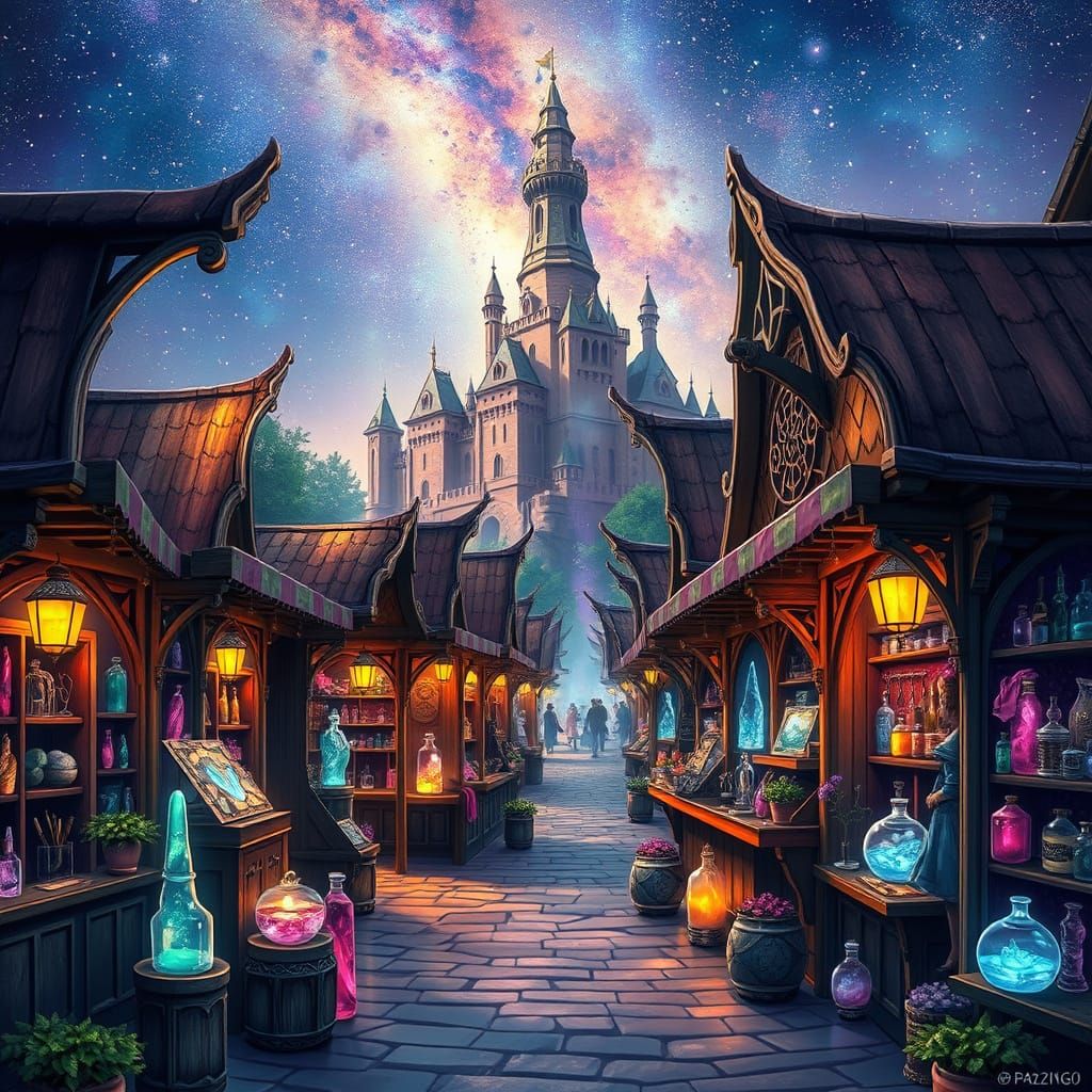 Vibrant Medieval Market Under the Milky Way