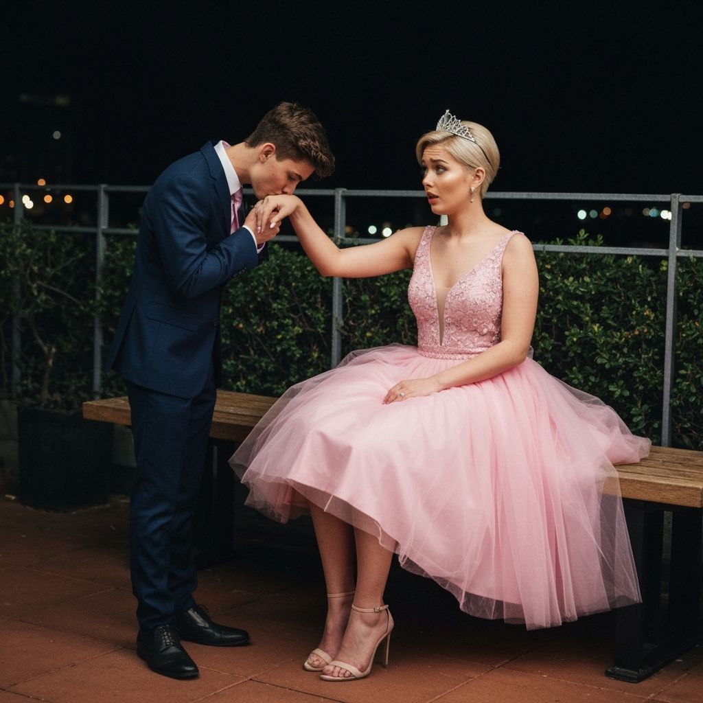 Young Man Kisses Hand of Worried Boy in Pink Prom Dress