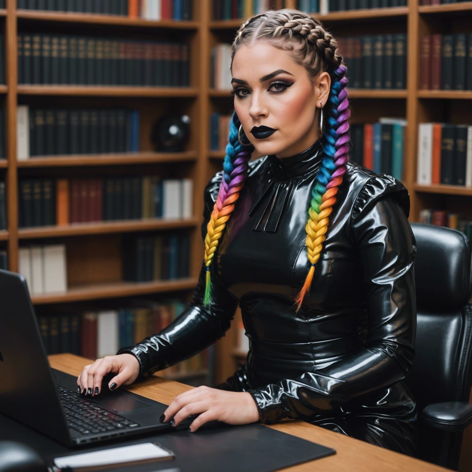 Librarian with Rainbow Hair in Glossy Dress