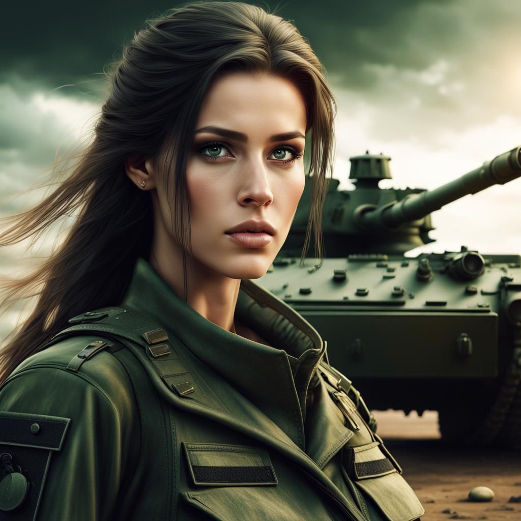 Military Woman with Tank: Digital Matte Painting