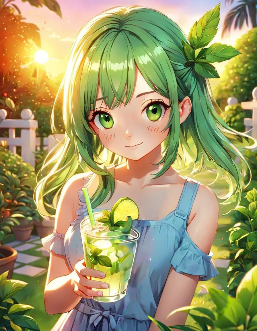 Quirky Anime Girl Sips Mojito in Whimsical Garden