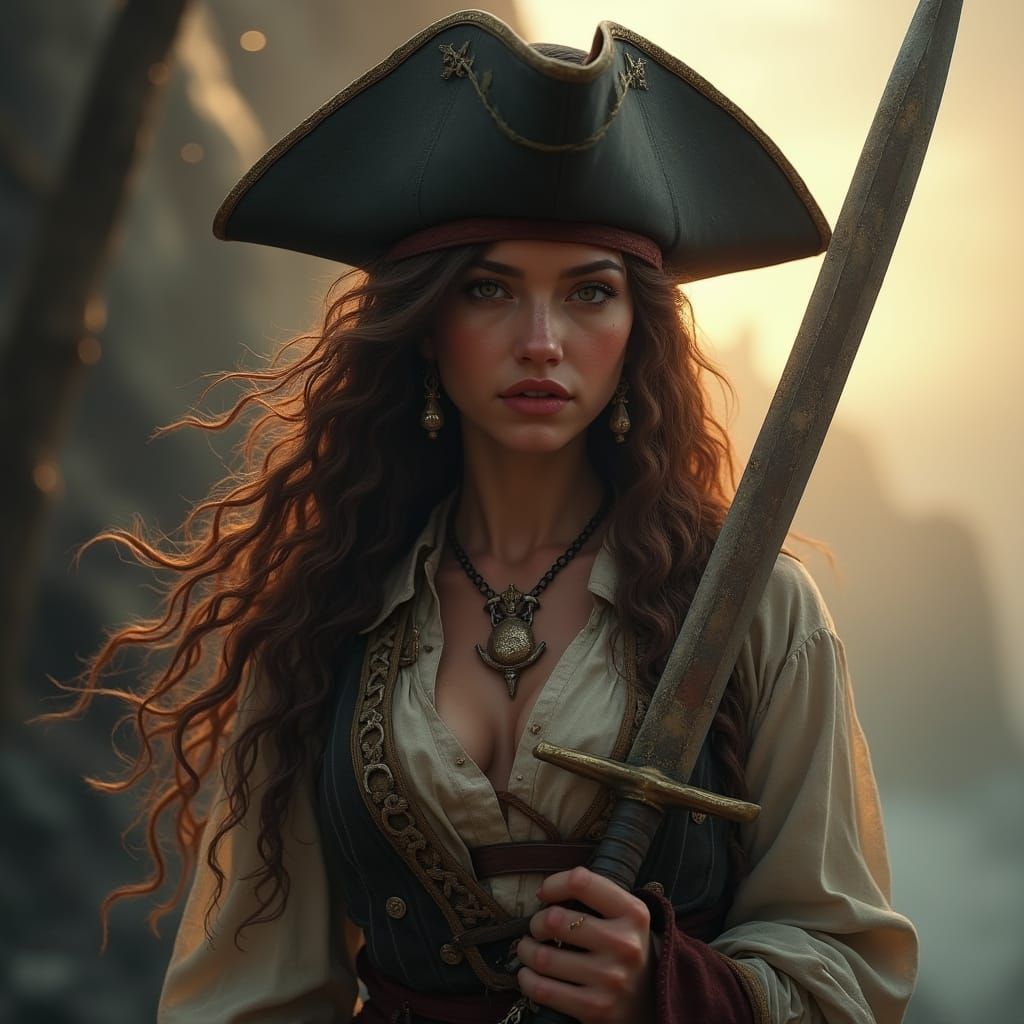 Stunning Female Pirate in Dramatic Tricorn Hat and Sword