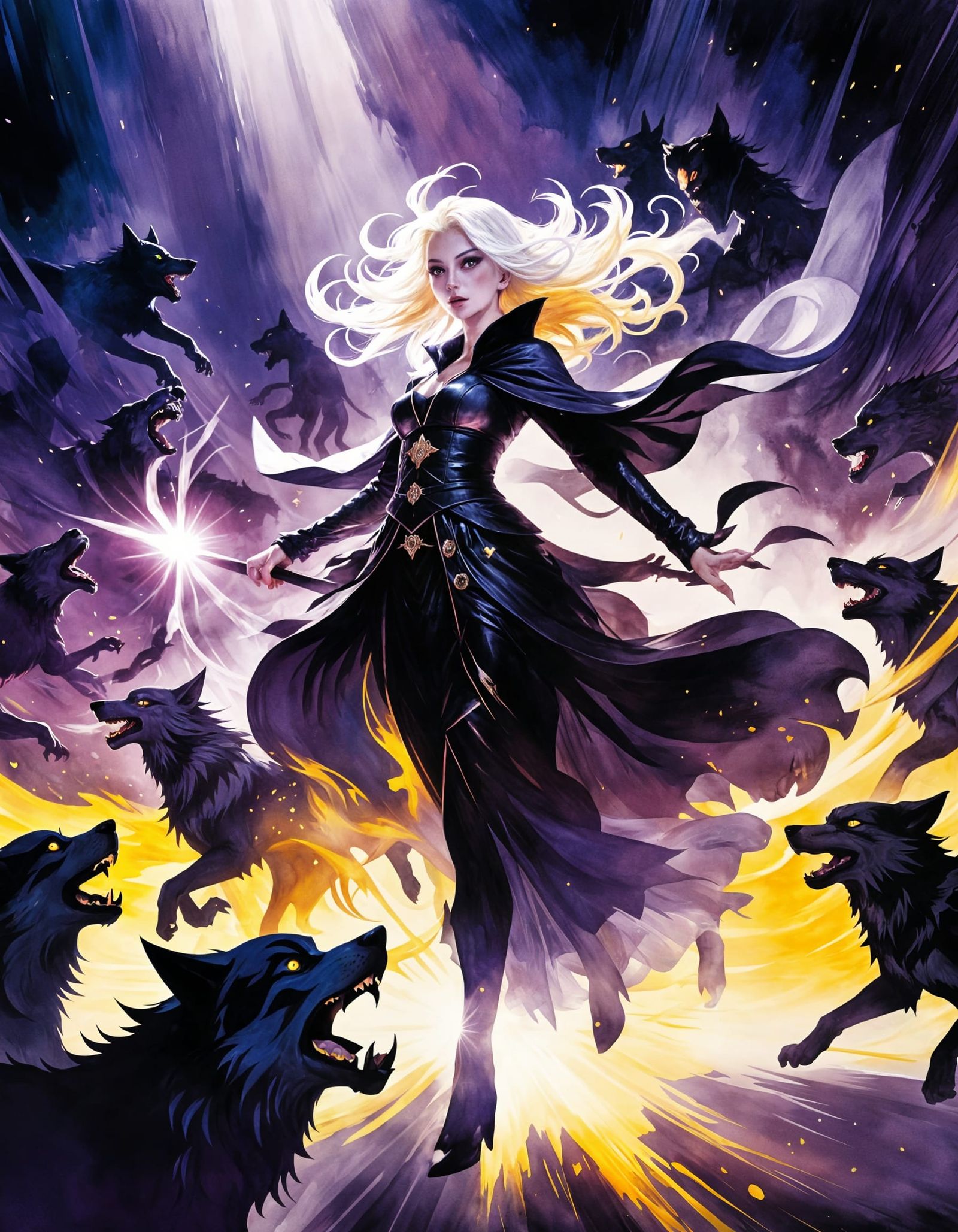 Ethereal Anime Witch Battles Shadow Werewolves in Vivid Purp...