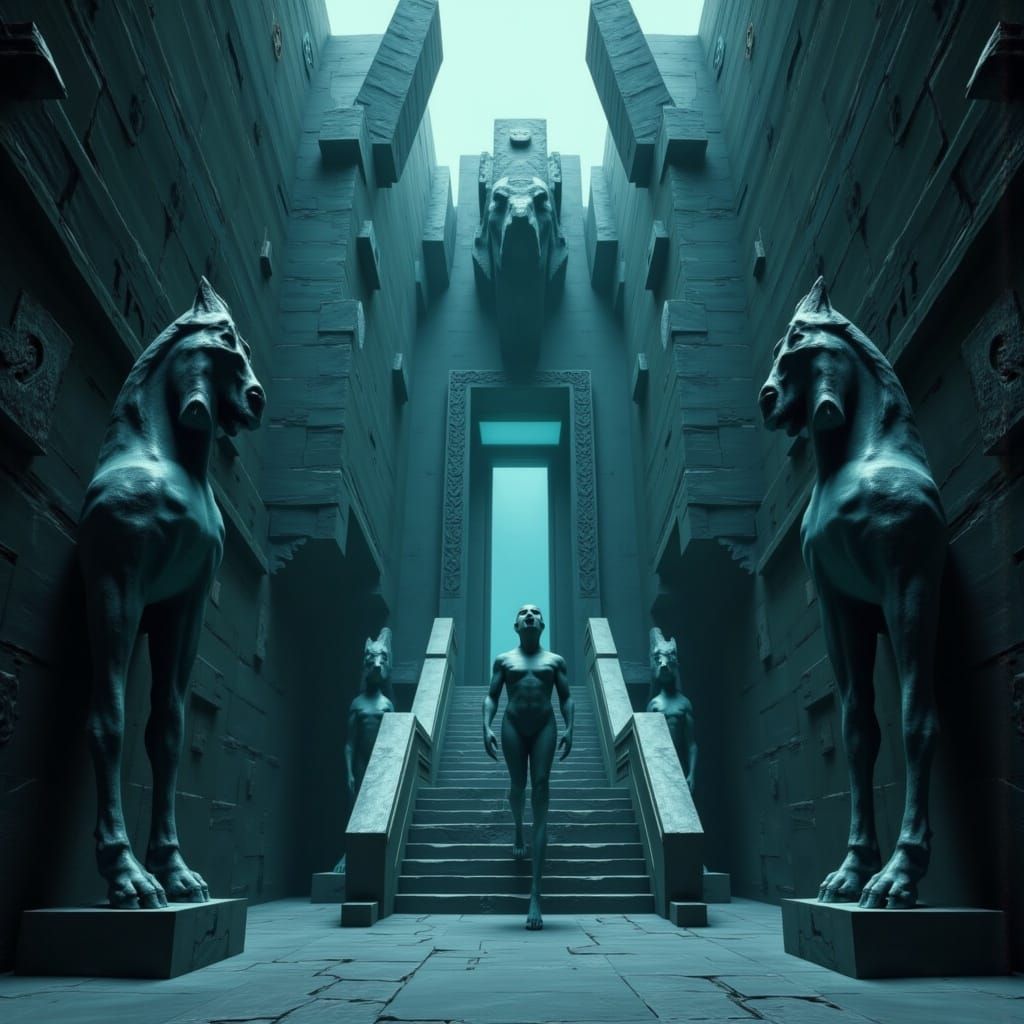 Ethereal Goddess Amidst Brutalist Cubist Horses in Dreamlike...