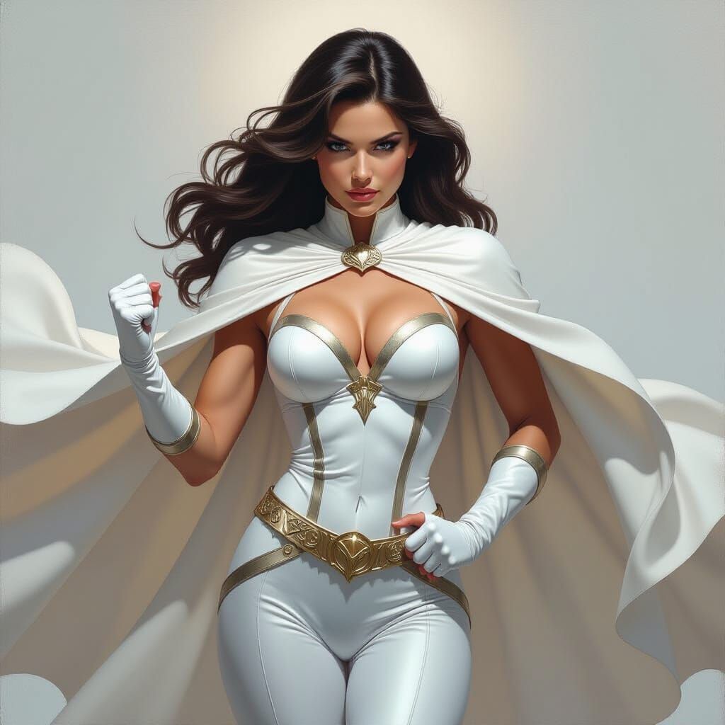 Female Superhero in Flowing White Costume, Fantasy Oil Paint...
