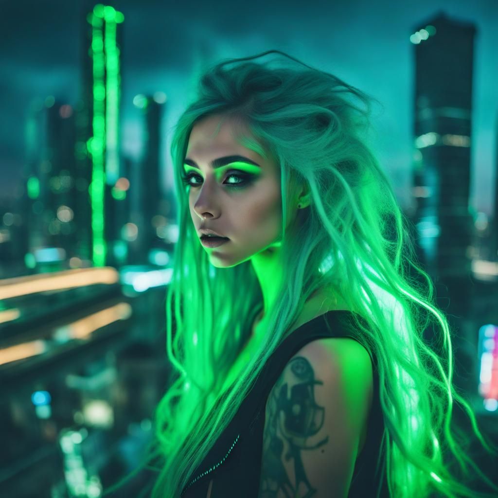 Futuristic Artist Girl in Neon Cityscape