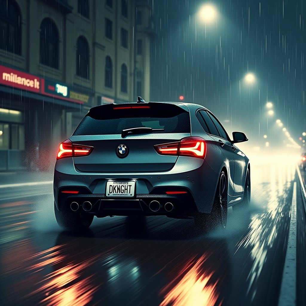 Dark Knight Drives Sleek BMW Through Rainy Gotham