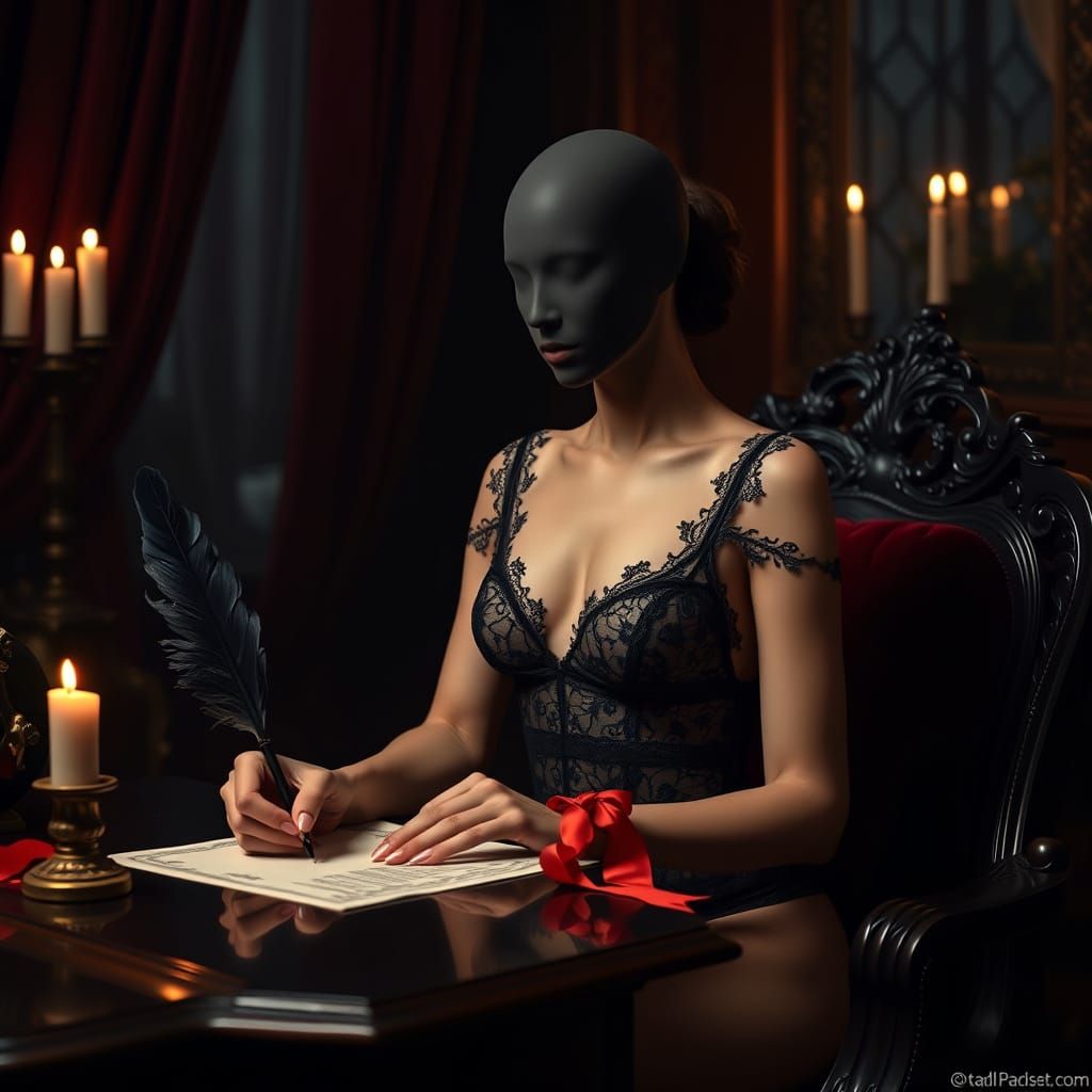 Faceless Woman Writing at Gothic Desk with Quill