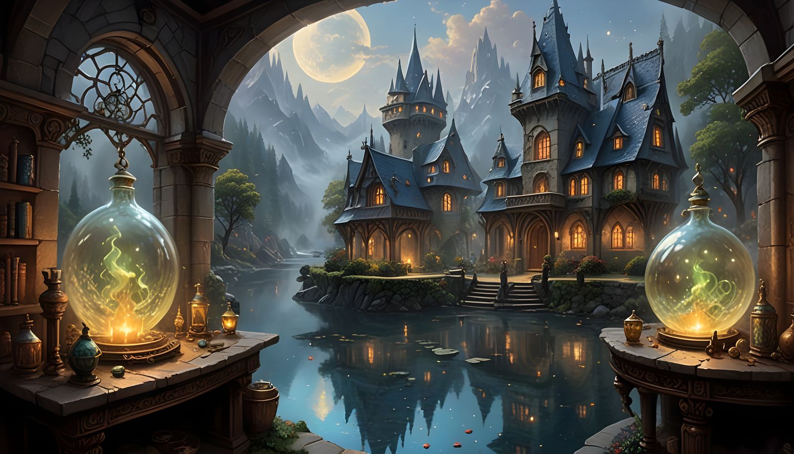 Ethereal Potion Lab with Ancient Mirrors and Mystical Concoc...