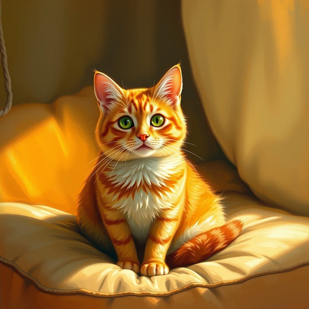 Vibrant Orange Tabby Cat Reigns in Whimsical, Golden Glow
