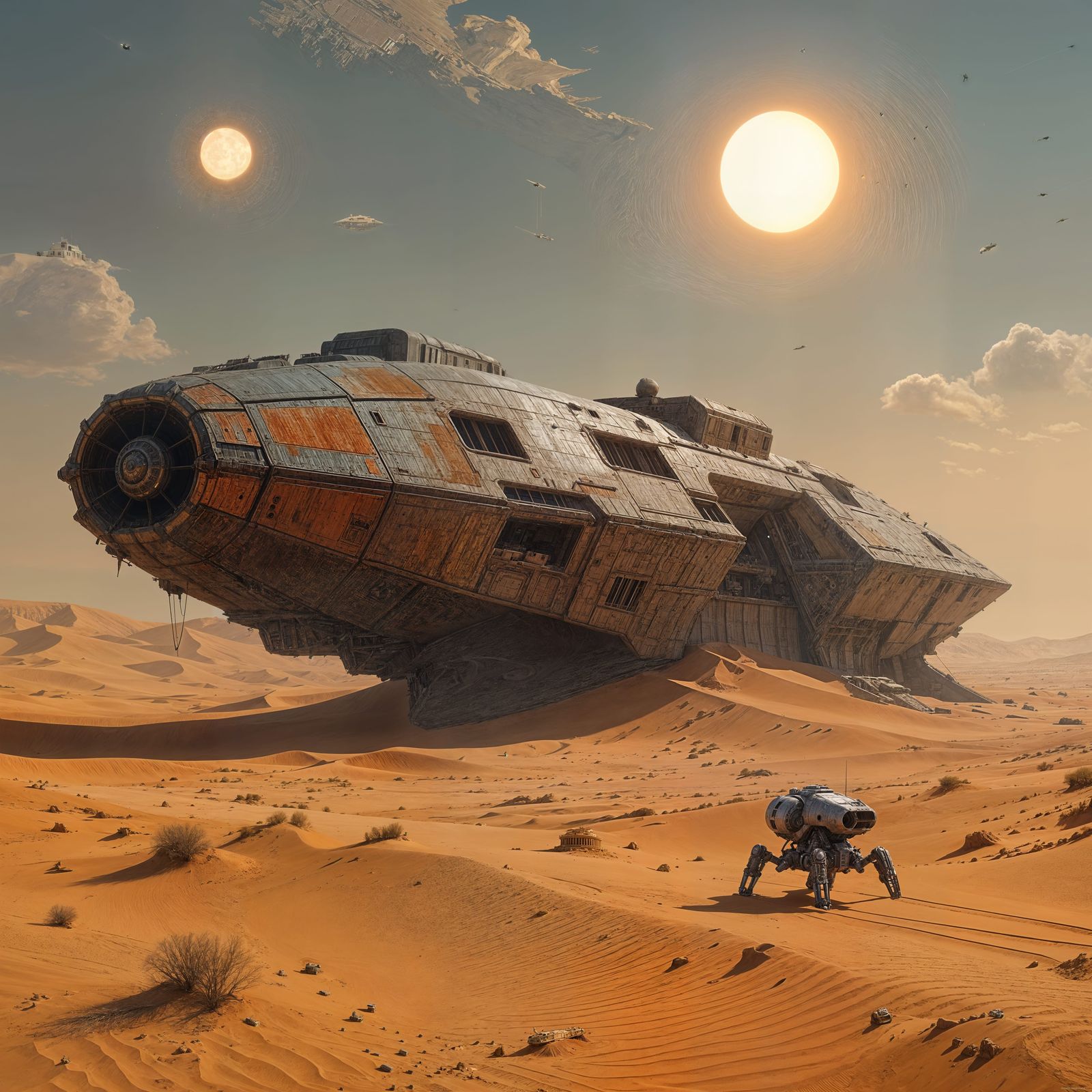 Derelict Spaceship in Alien Desert Under Twin Suns