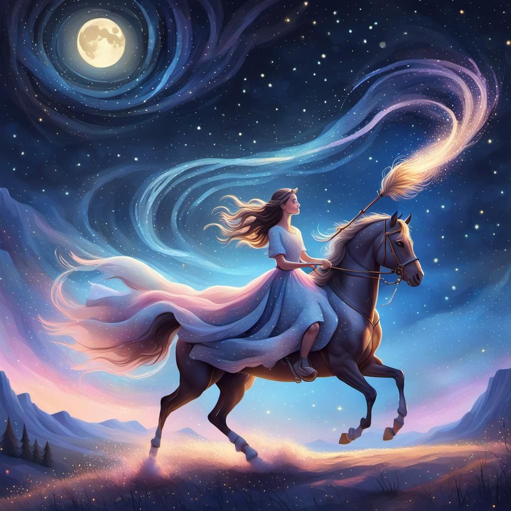 Girl Rides Horse Broom in Starry Sky