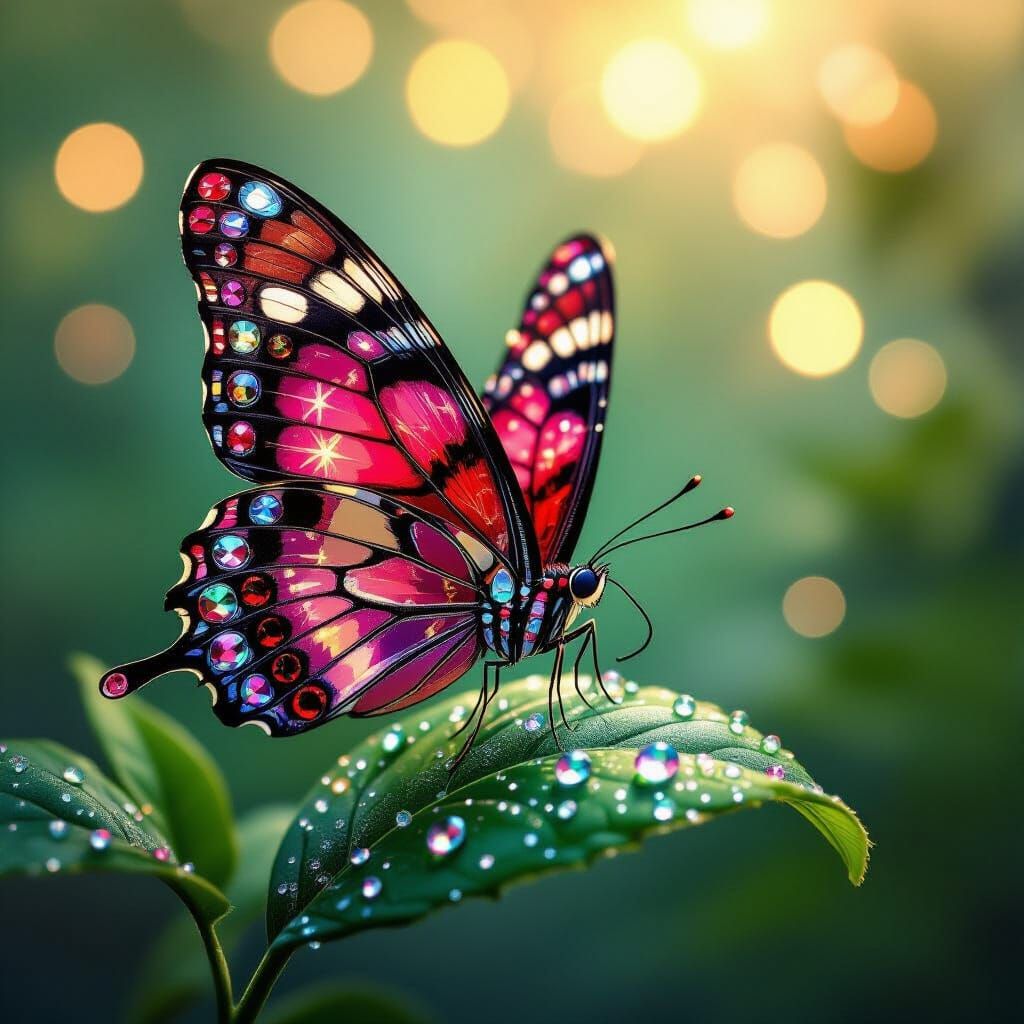 Ruby and Crystal Butterfly on Emerald Leaf Digital Painting