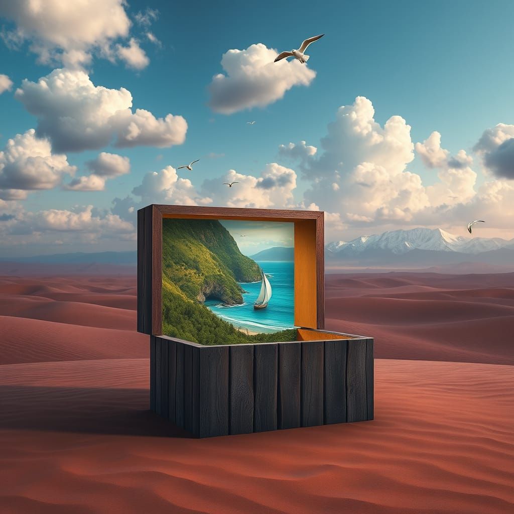 Vibrant World Inside Desert Box, Digital Art