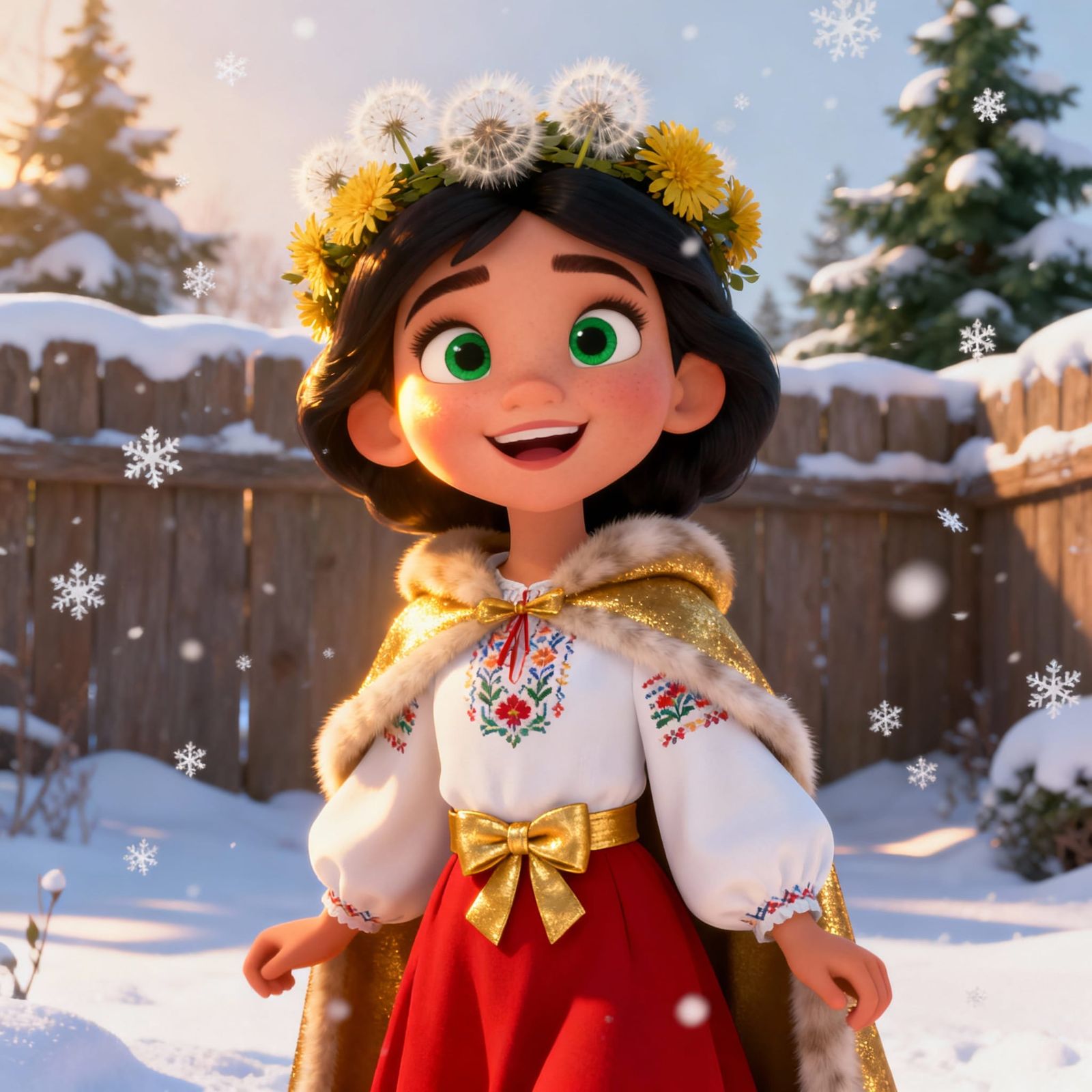 3D Cartoon Princess with Dandelion Wreath in Snow