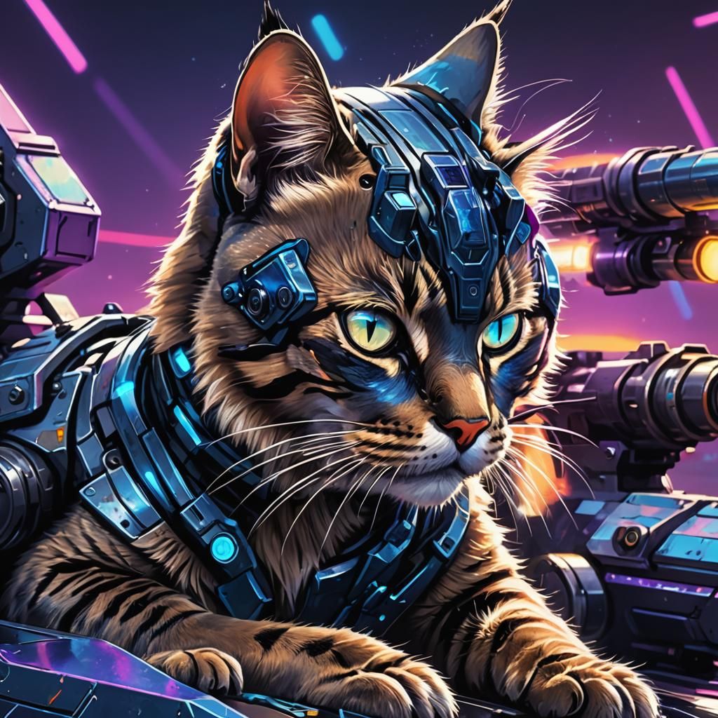 Armored Cat with Laser Cannons in Cyberpunk Style