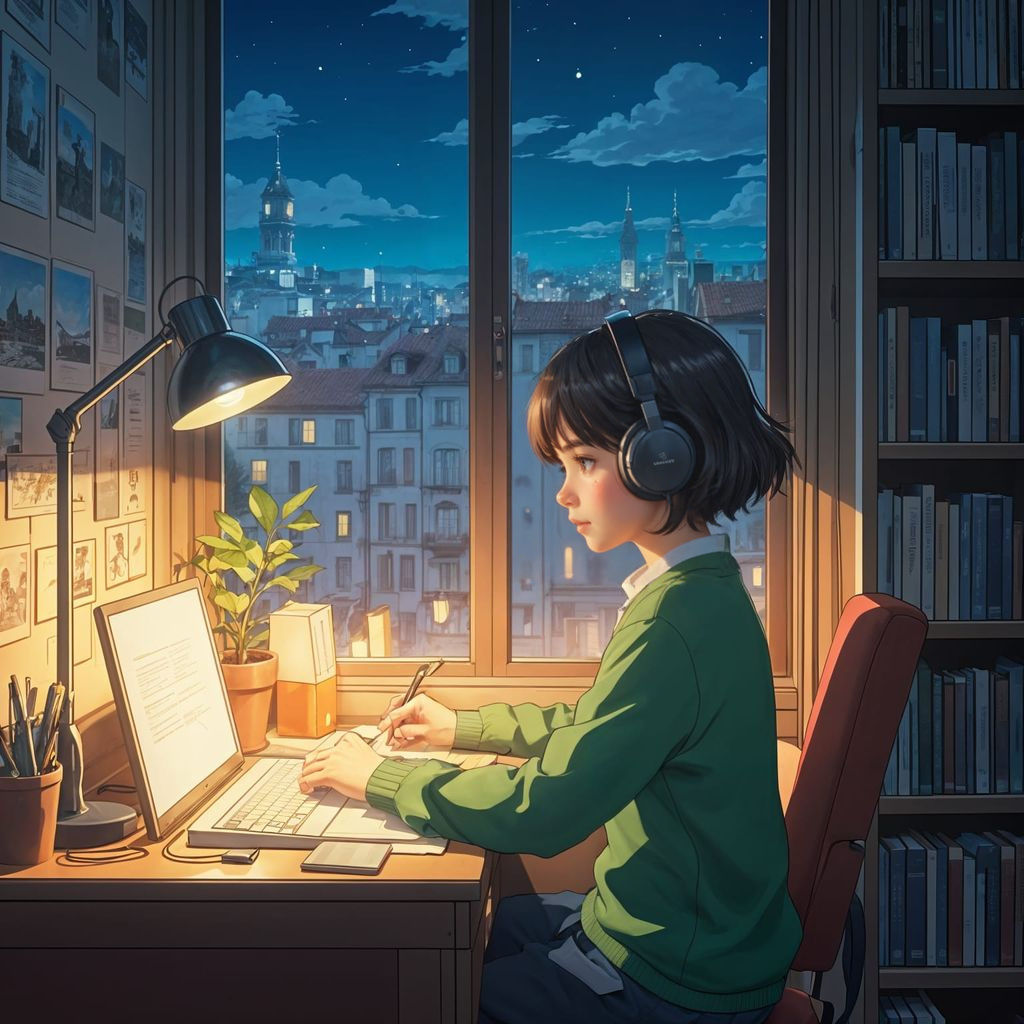 Anime-Inspired Student in a Cozy Lyon Library at Night