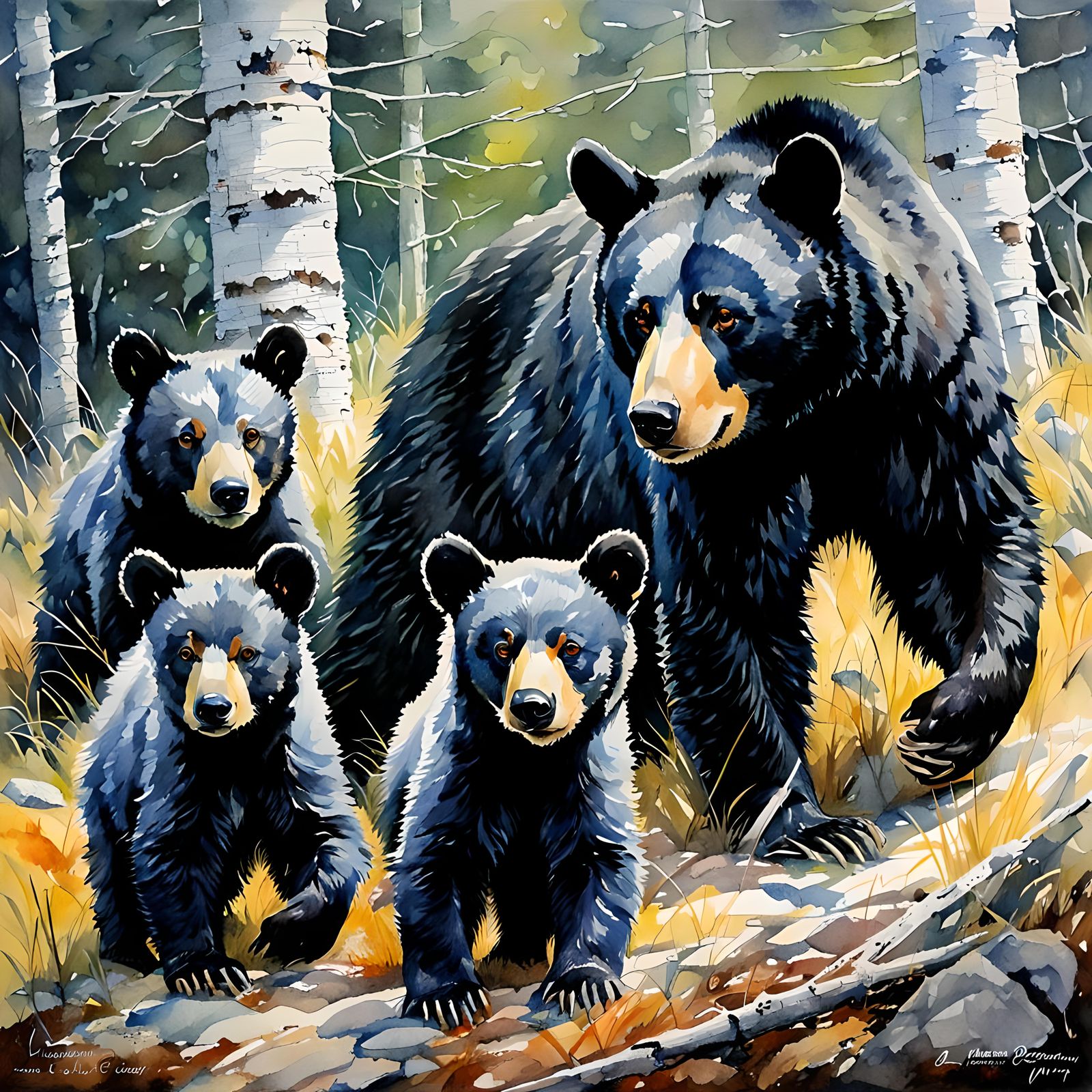 Black Bear and Cubs in Watercolor Style