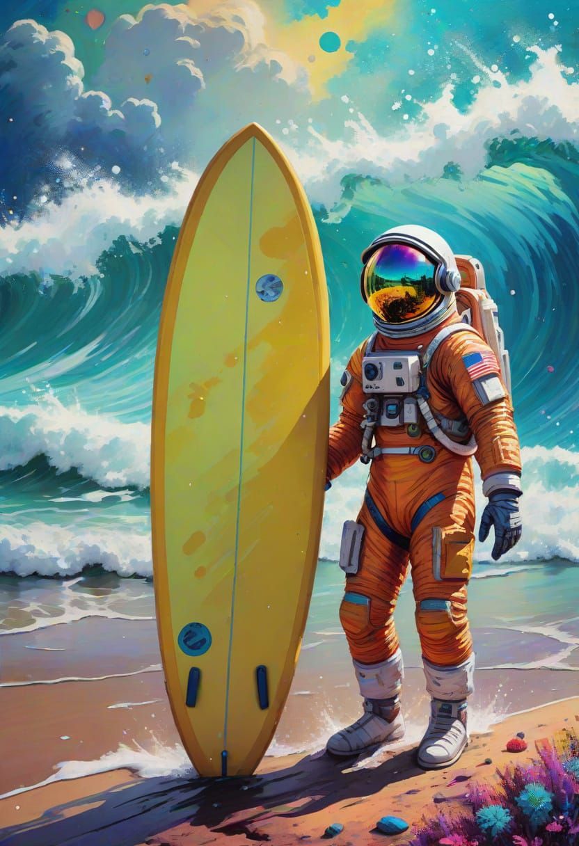 Astronaut Surfer in Cosmic Waves, Oil and Acrylic Painting