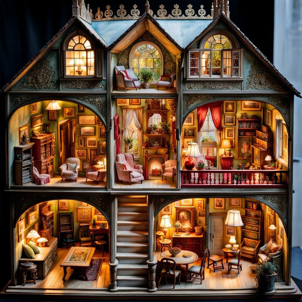 Glowing Antique Dollhouse in Watercolor Style