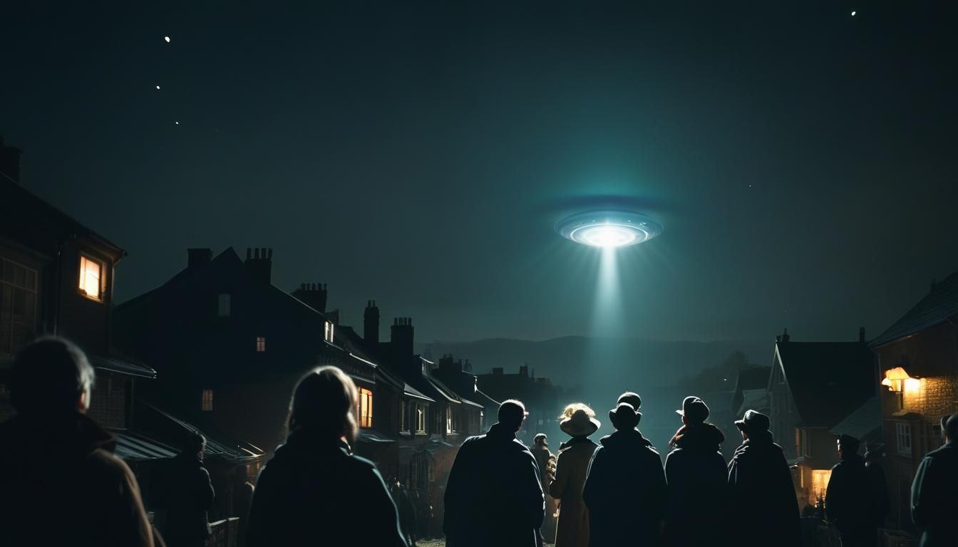 Glowing UFO Over Dark Town: Cinematic Film Still