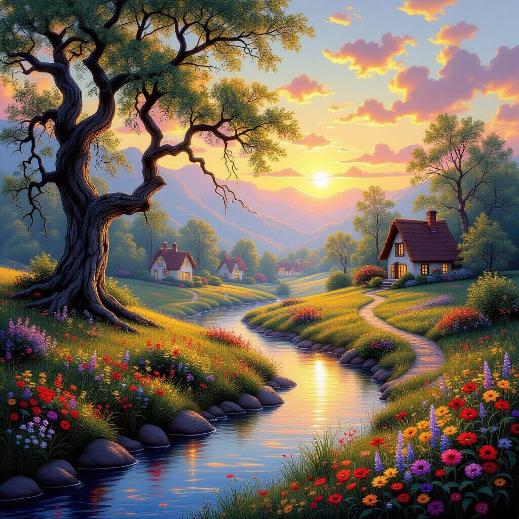 Ethereal Fantasy Landscape Painting in Thomas Kinkade Style