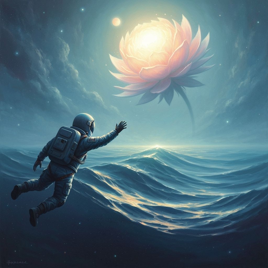Astronaut Reaches for Flower Planet in Impressionist Style