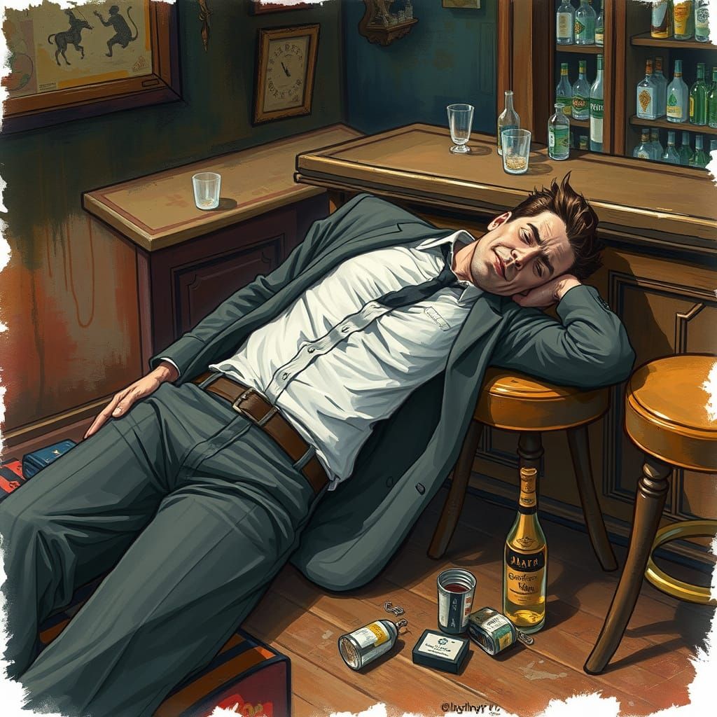 Man Unconscious by Vintage Bar in Digital Illustration Style