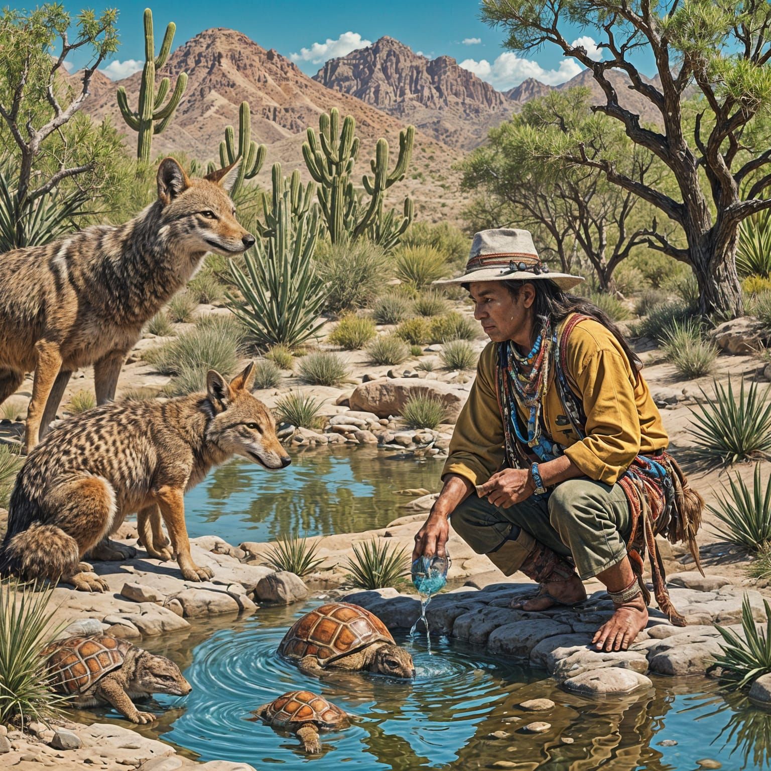 Apache Man at Desert Spring in Pop Art Style