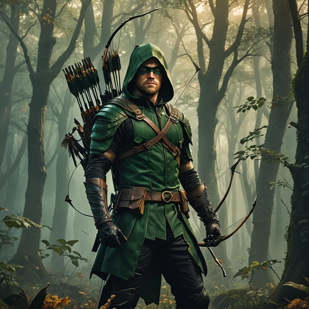 Heroic Green Arrow Portrait in Emerald Mist