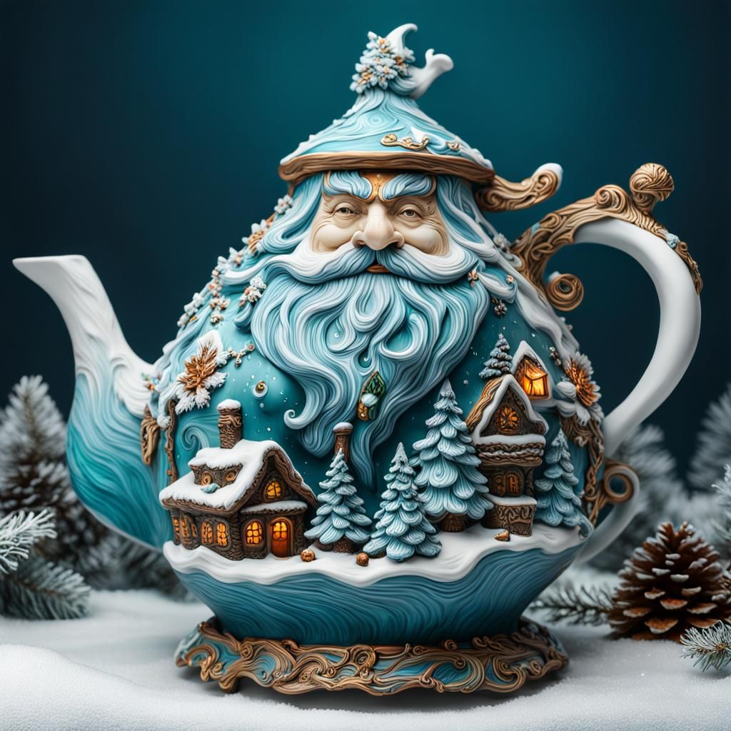 Eccentric Ceramic Santa Claud Teapot, Vibrant, sculpted clay, depicting a winter landschip, extravagant, unsurpassed jew...
