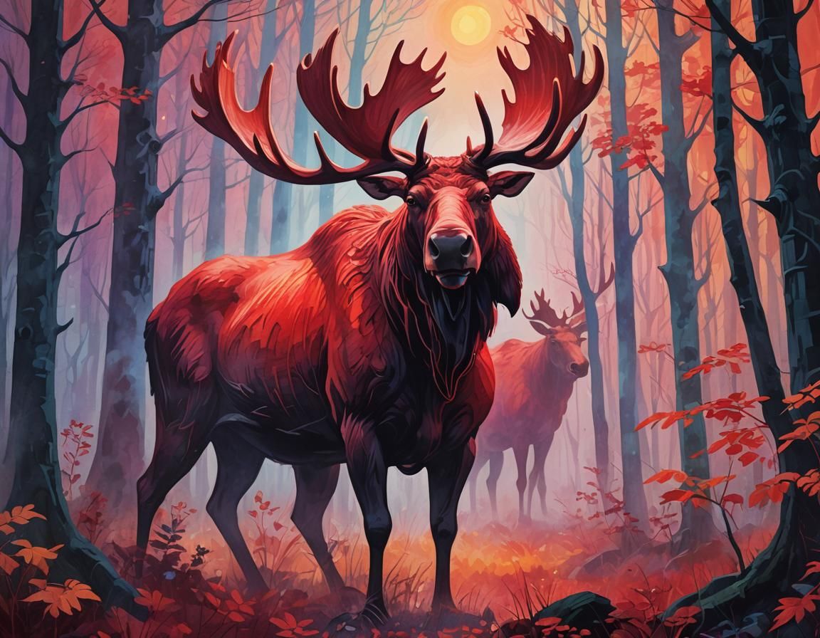 Monstrous Red Moose in Misty Forest, Fauvism Illustration