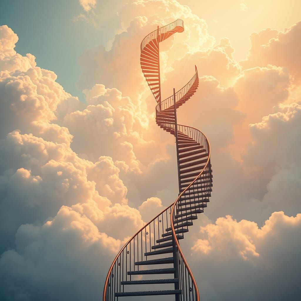 Ascending Spiral Staircase to Cloudscape, Dreamy Digital Art