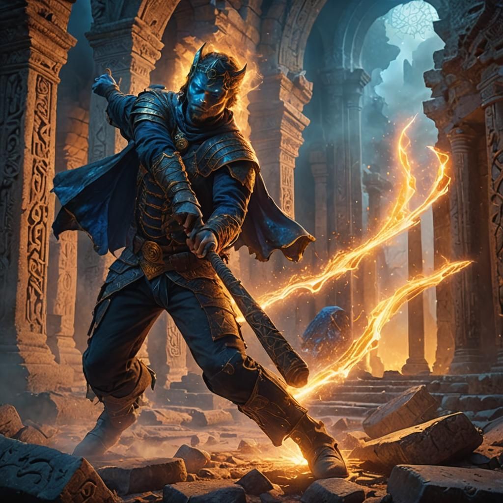 Fantasy Ruins Battle Scene with Glowing Runes