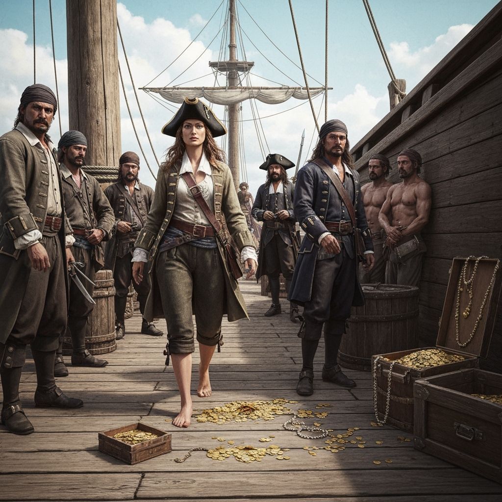 Female Pirate Captain Surveys Spoils and Prisoners After Bat...