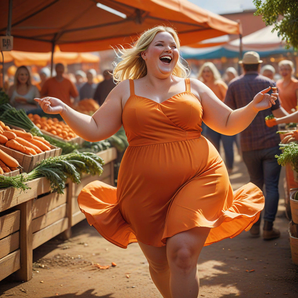 Blonde Woman Dancing in a Vibrant Carrot Market Scene