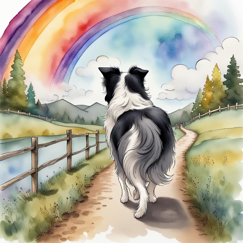 Border Collie Crossing Rainbow Bridge in Cottagecore Style