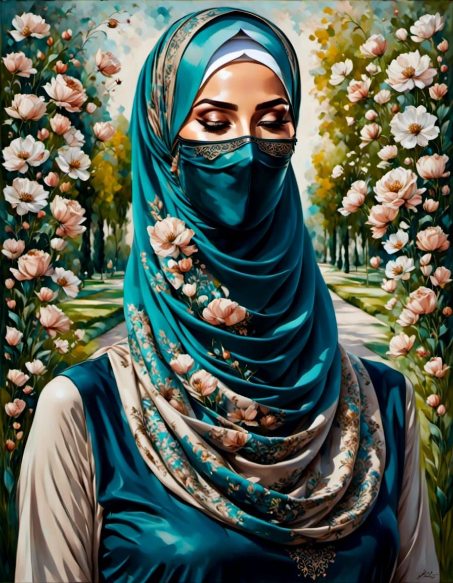 Beautiful Woman in Hijab and Mask, Oil Gouache Painting