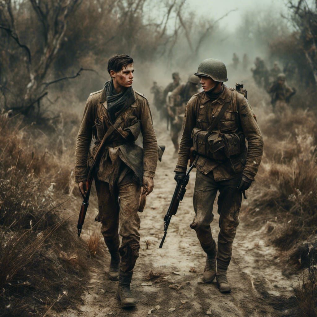 Vintage Military Scene with Soldiers on a Dirt Path