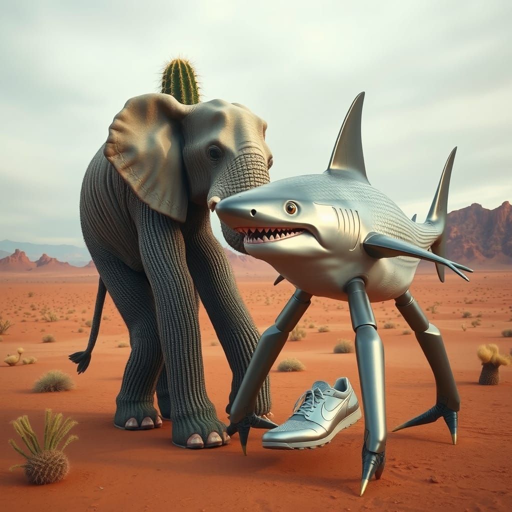 Grey Elephant Cactus Confronts Metallic Shark in Surreal Des...