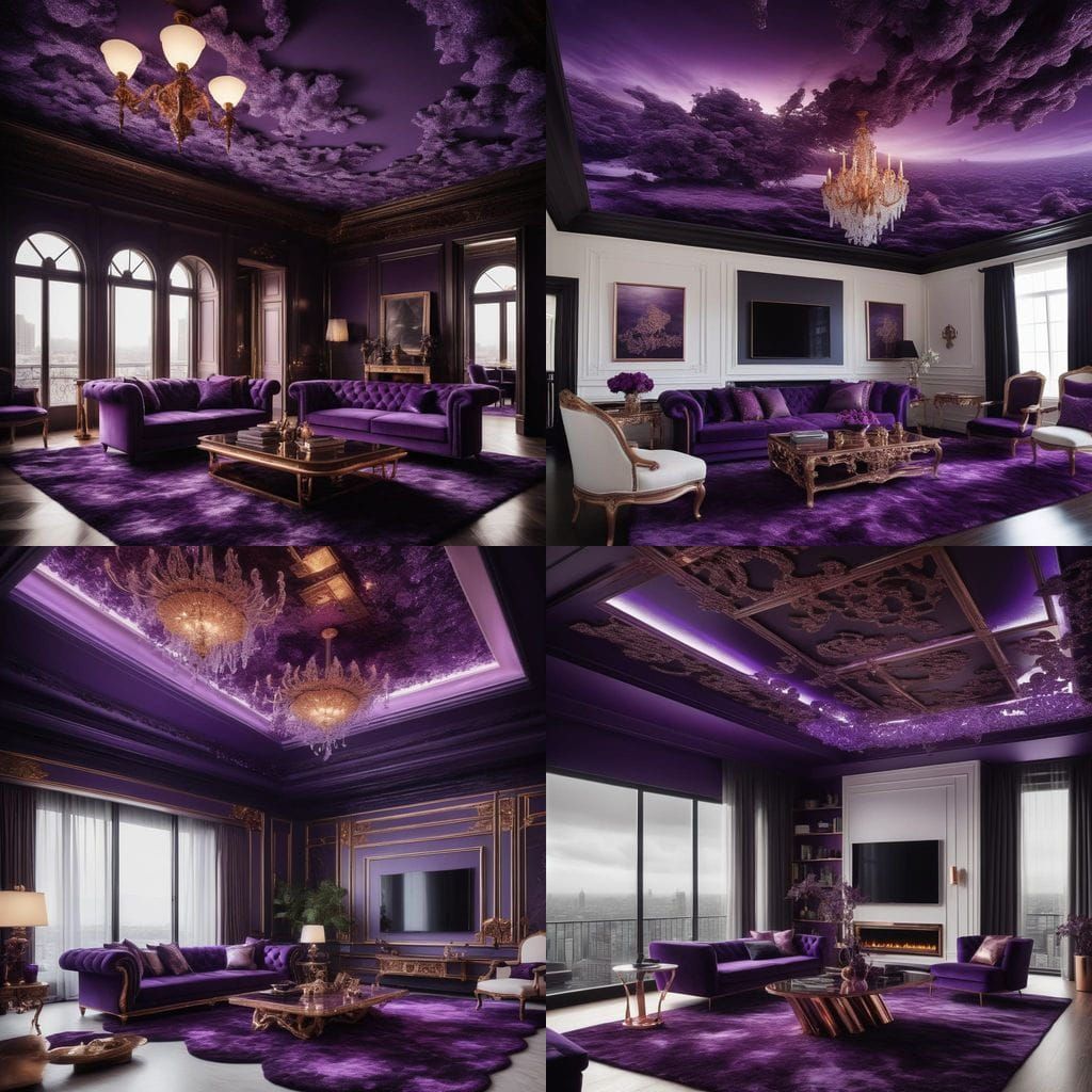 Luxurious purple penthouse with vibrant purple fractals walls with amethyst fractals rhinestones& Rose gold accents& pur...