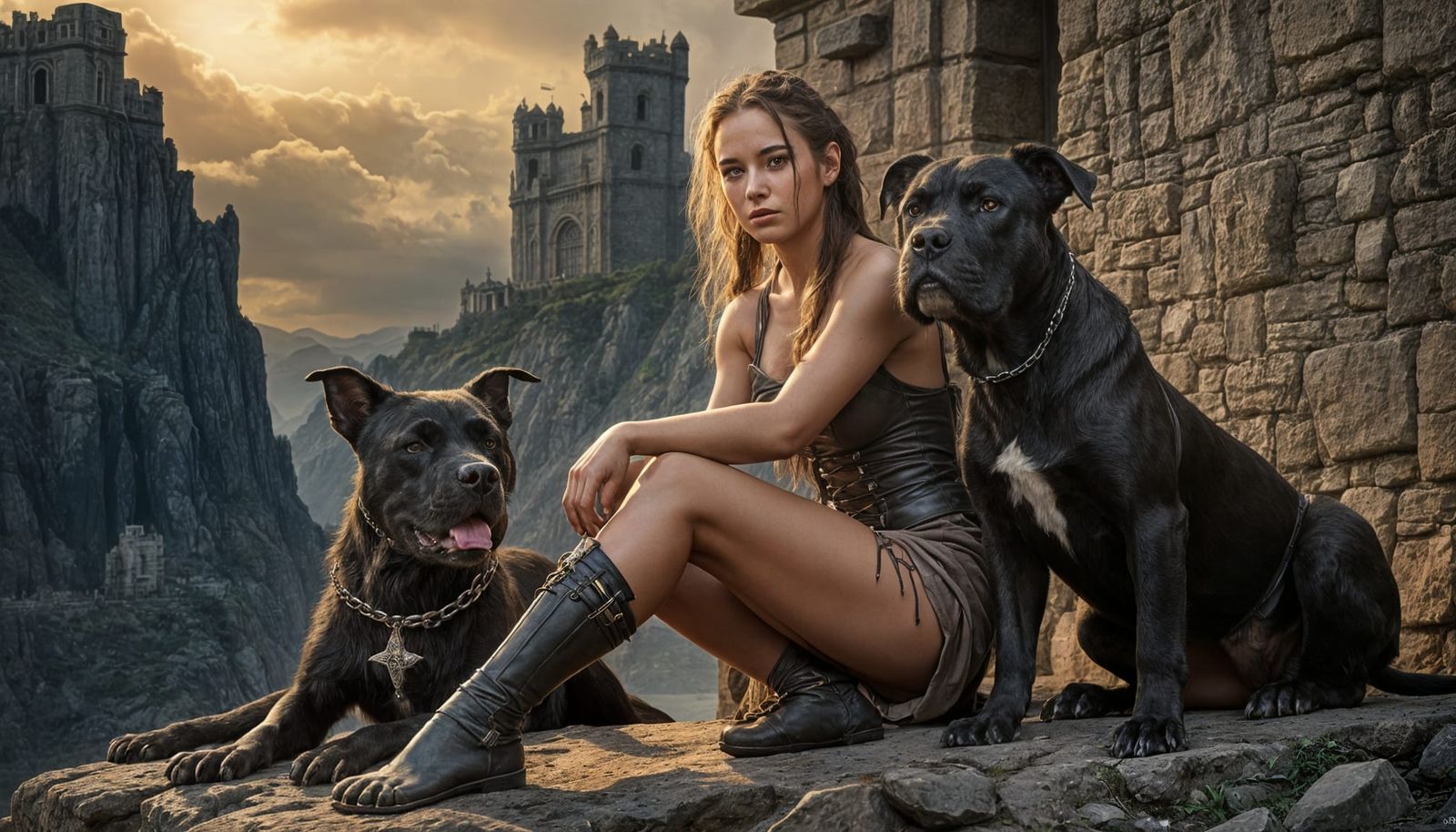 Elegant Fantasy Warrior with Pit Bull in Moody Landscape
