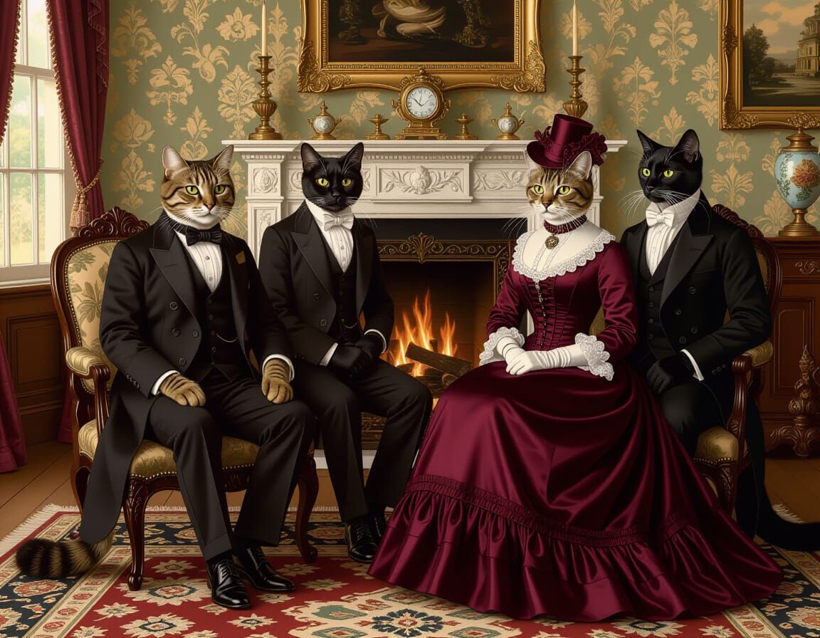 Victorian Cats Aristocrats in Opulent Parlor