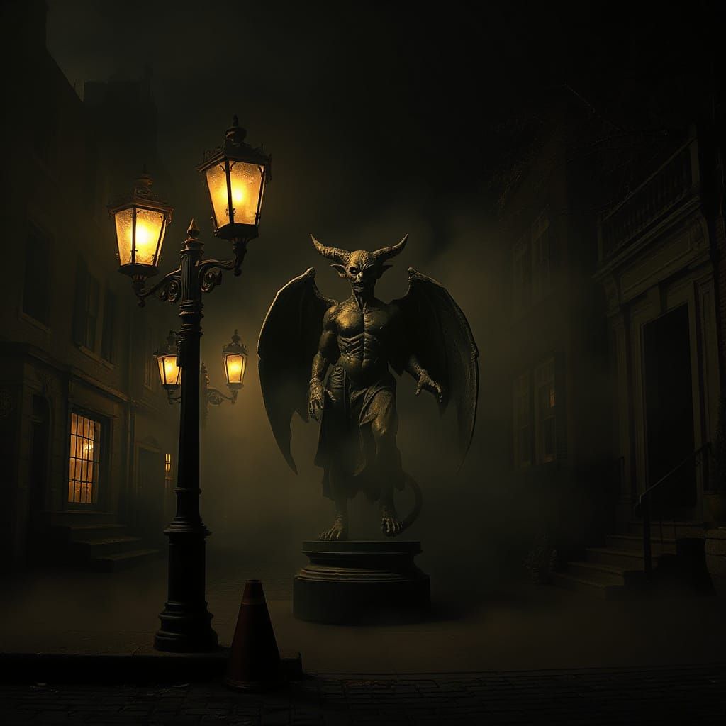 Eerie Demonic Statue in Misty Victorian Street