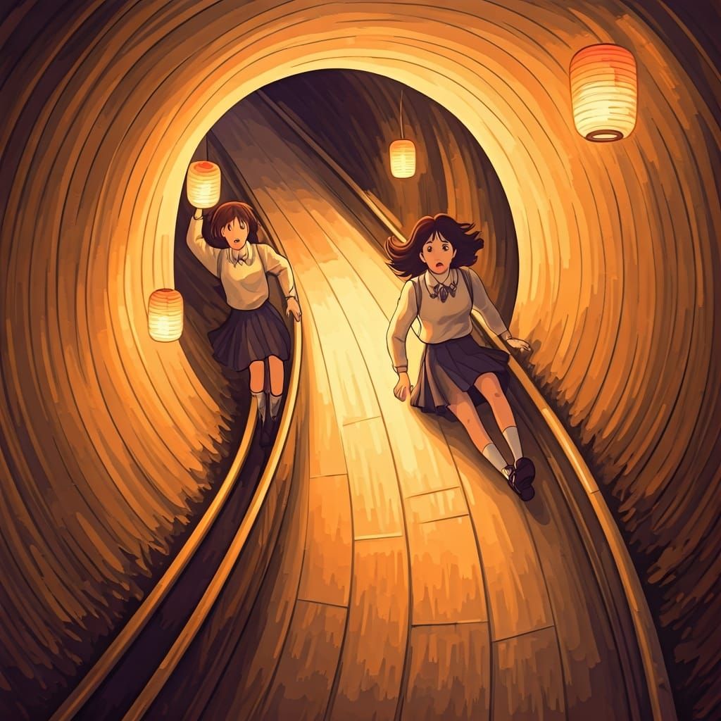 Teenage Girls on Underground Slide, Miyazaki Style